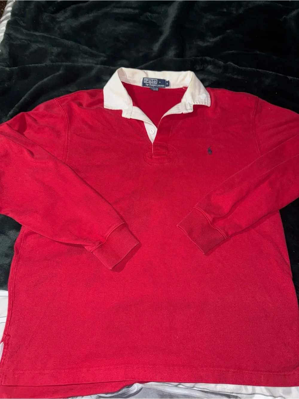 Vintage Polo by Ralph Lauren Red Long-Sleeve Rugby Shirt with White Collar